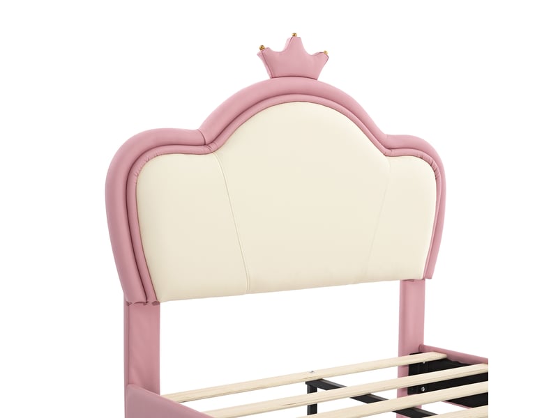  Lit enfant simple 90x200 cm avec tête couronne et sommier, pu, rose et blanc, sans matelas  - Conforama E