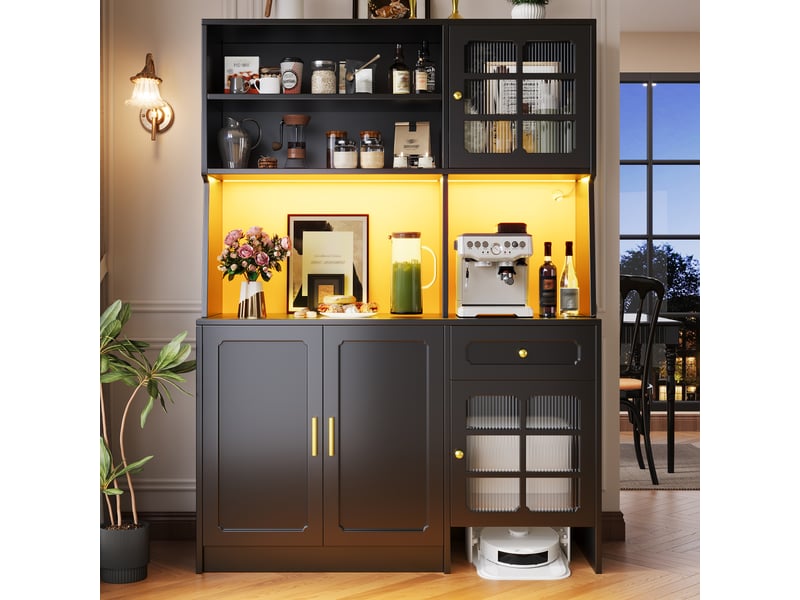  Buffet cuisine 4 portes et 1 tiroir, 130 x 45 x 180 cm, éclairage led, portes vitrées et espace prévu pour robot aspirateur, mdf, noir Morn Vibe - Conforama D