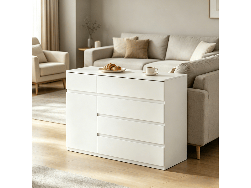 Commode de rangement avec 5 tiroirs, placard et étagère réglable pour chambre ou cuisine, blanche, 100 × 40 × 80 cm - Conforama C