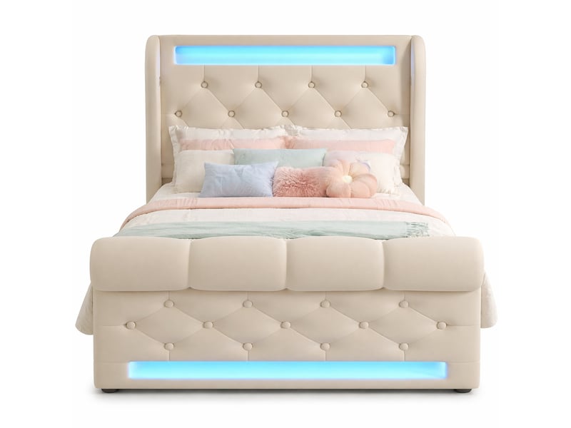  Modenvie lit coffre 90x200 cm - led, ports usb-c et rangement intégré, sans matelas - beige  - Conforama A