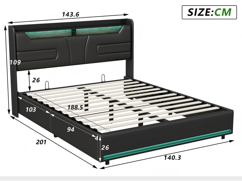 Lit 2 places 140x190 cm - éclairage led - prise électrique intégrée et sommier à lattes - noir - Conforama C