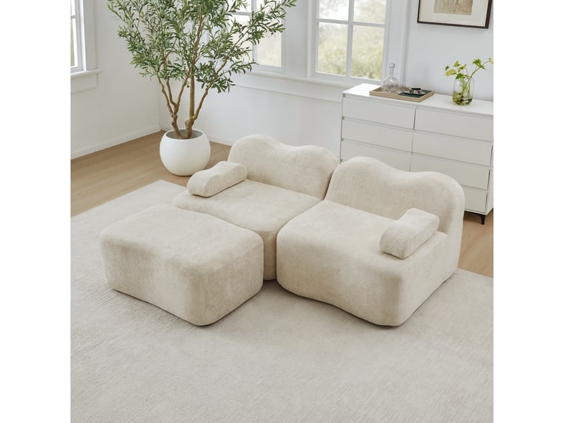  Canapé d'angle modulaire 2 à 4 places avec assise profonde, pouf et accoudoirs ergonomiques, en velours beige  - Conforama C