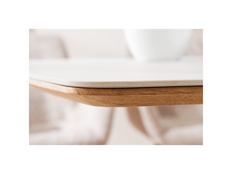  Table de salle à manger lumea – rectangulaire 200 cm – plateau céramique effet marbre blanc et pied aspect bois clair  - Conforama E