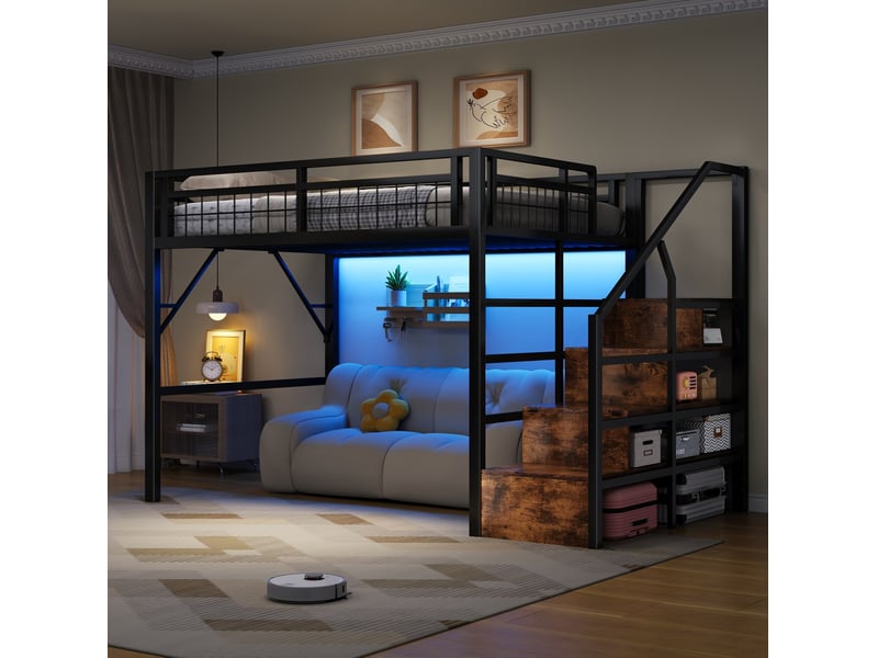  Lit mezzanine enfant 140 x 200 cm avec led, escalier de rangement, noir  - Conforama D