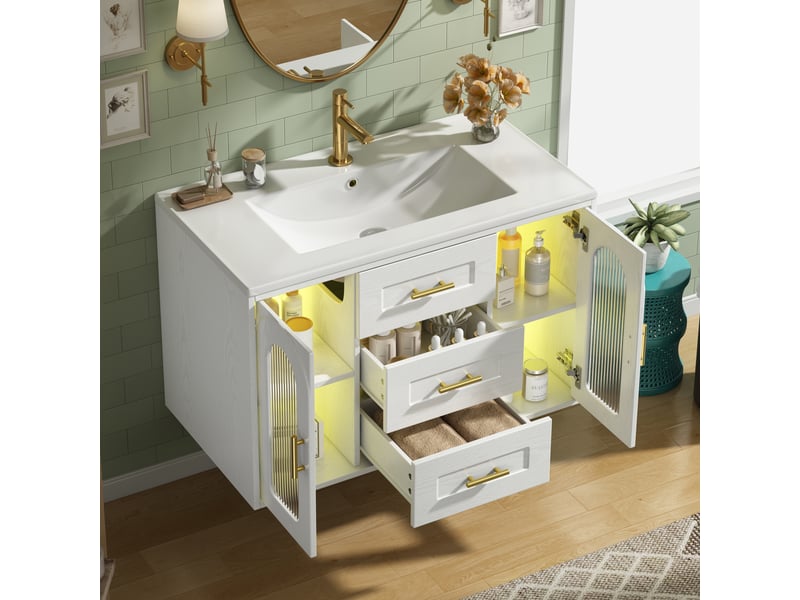  Meuble vasque mural 76x46x55 cm, meuble salle de bain avec led, porte en verre cannelé, tiroirs et étagères réglables, mdf, blanc Bliss Lite - Conforama B