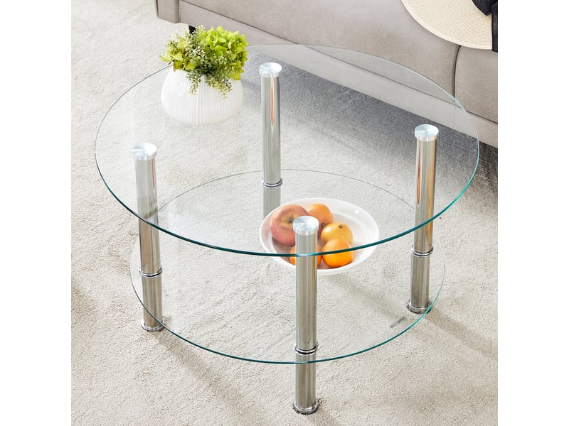  Table basse ronde 70x70x42 cm, design à 2 niveaux en verre trempé, style moderne, salon, métal argenté, transparent  - Conforama B