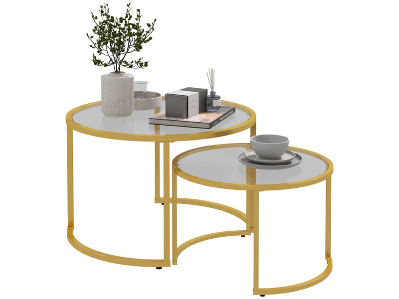 Lot de 2 tables basses gigognes rondes en verre trempé et acier au carbone pour salon gain de place T1003-01-08644 - Conforama C