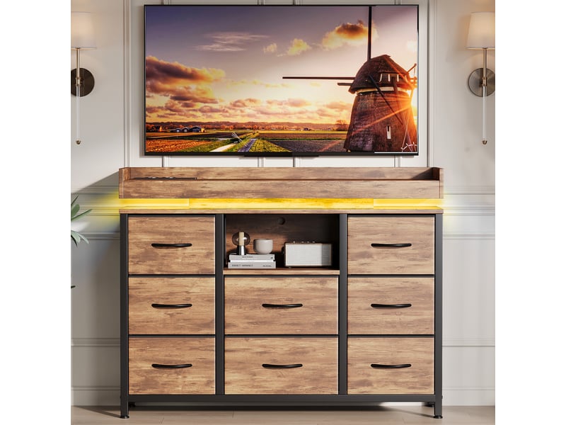  Commode 8 tiroirs rétro 108x30x82 cm, buffet, motif bois, led, port usb, en acier, bois et tissu, couleur bois foncé  - Conforama C