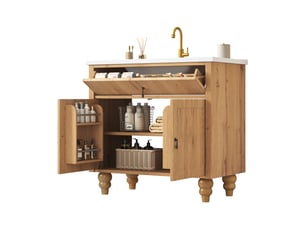Meuble de salle de bain 81 cm avec compartiment basculant supérieur, étagères intérieures de porte, rangement sous lavabo et lavabo céramique