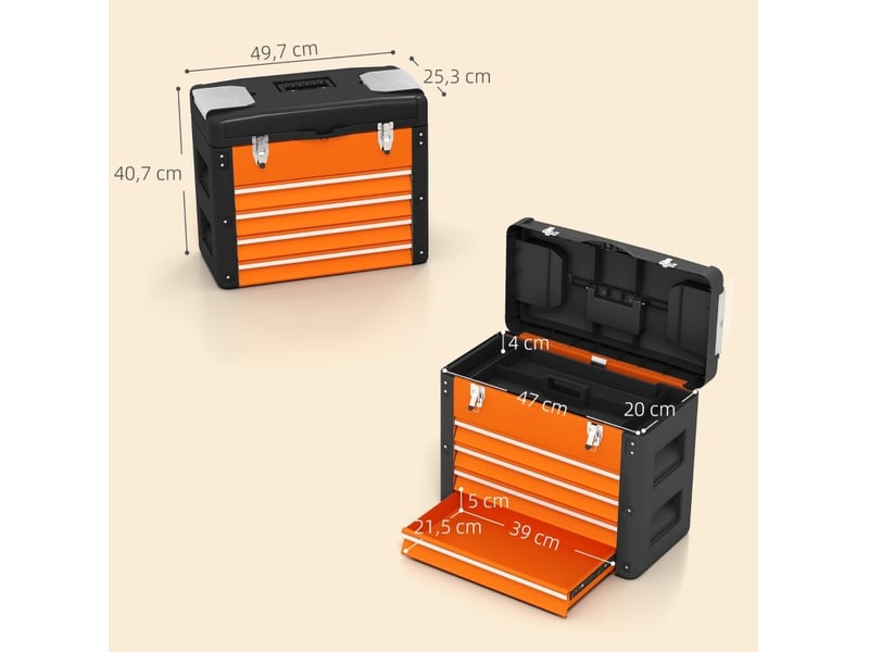  Boîte à outils vide 49,7x25,3x40,7 cm, 4 tiroirs, compartiment supérieur, poignée, métal, orange  - Conforama C