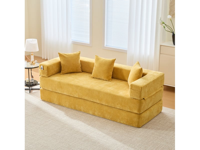  Canapé droit modulable 2 places en tissu jaune moutarde, convertible en couchage avec poches latérales pratiques  - Conforama B