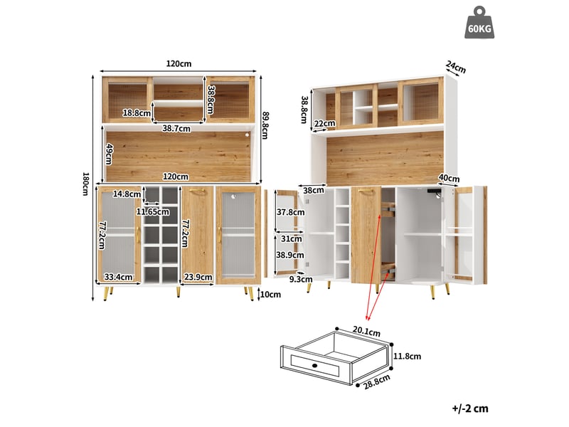  Buffet 120x40x180 cm blanc et aspect bois en mdf, 5 portes, led, prise intégrée pour rangement cuisine  - Conforama C
