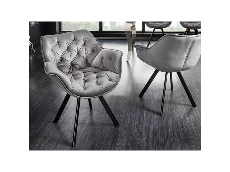  Lot de 2 chaises design comfy pivotantes à 180° en velours gris capitonné et pieds noirs  - Conforama D