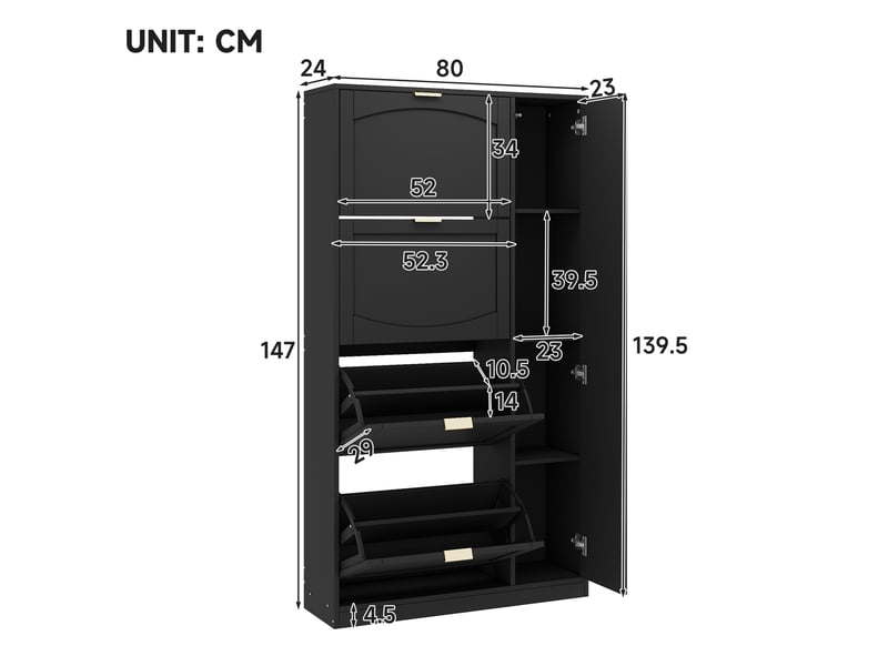  Meuble à chaussures ulevr avec miroir, 4 compartiments basculants et étagères réglables, 80 x 24 x 147 cm, panneaux de particules noirs  - Conforama C