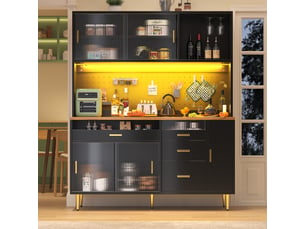 Buffet de cuisine 5 portes 4 tiroirs - 145 cm noir led mdf