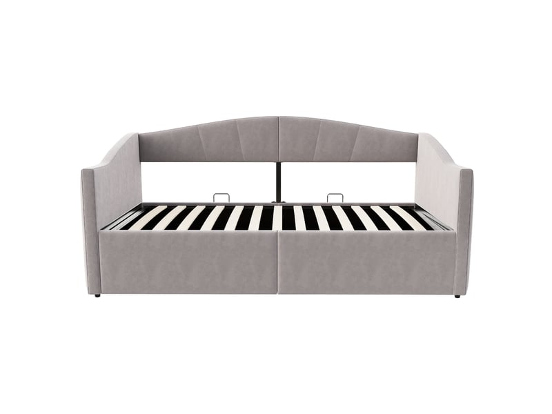  Canapé-lit 90x200, velours gris clair rayé, rangement hydraulique, accoudoirs  - Conforama A
