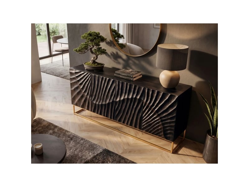 Buffet silva 177 cm en bois massif de manguier noir sculpté – 4 portes et piètement doré - Conforama E