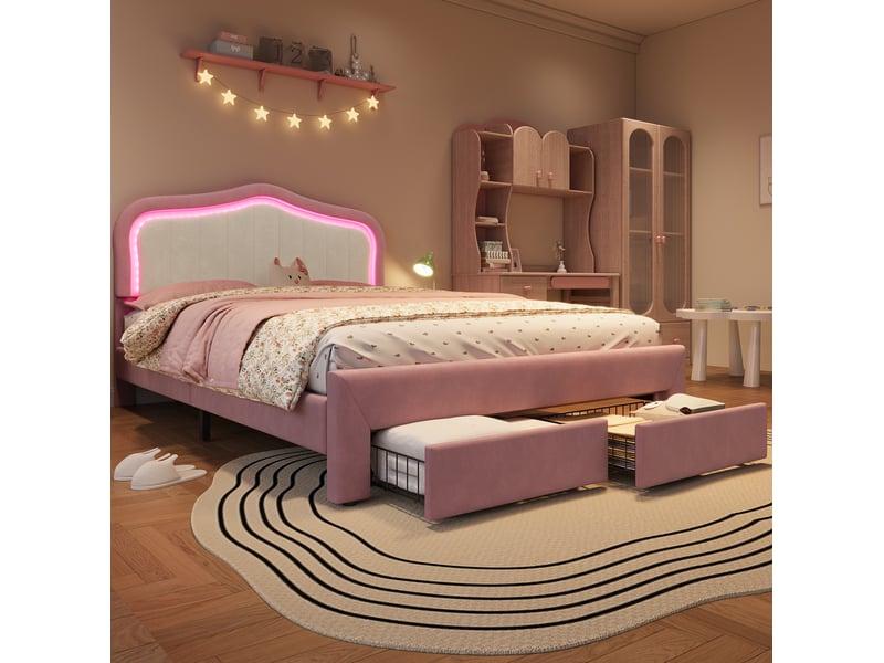  Lit enfant 140x200 cm, lit double avec 2 tiroirs et led contrôlée par application couleur rose sans matelas, moderne  - Conforama E