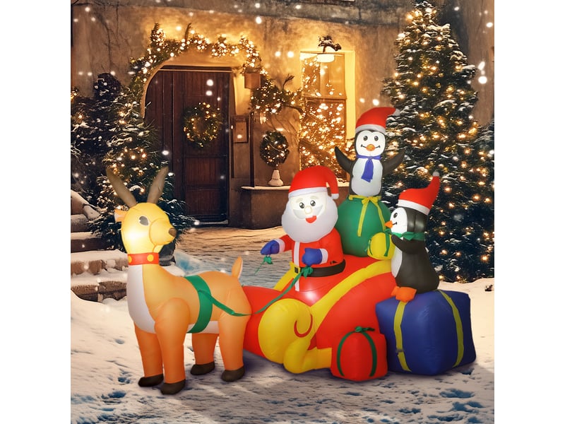  Père noël gonflable avec traîneau, pingouins et rennes, lumières led, décoration de noël pour l'intérieur et l'extérieur, 180 x 120 x 155 cm  - Conforama D