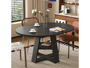 Table à manger extensible ronde 110150 x 100 cm, 4 à 6 personnes, rangements et étagères, effet bois noir