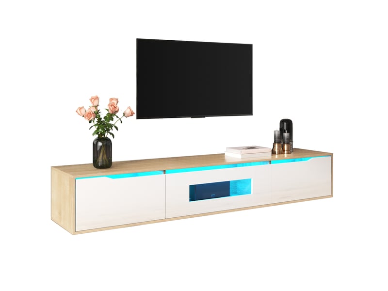  Meuble tv modenvie led 180 x 35 x 30 cm blanc brillant et bois clair  - Conforama A