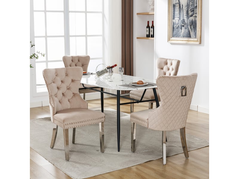 Chaise de salle à manger lot de 4 en velours avec dossier capitonné et pieds métalliques, beige - Conforama C