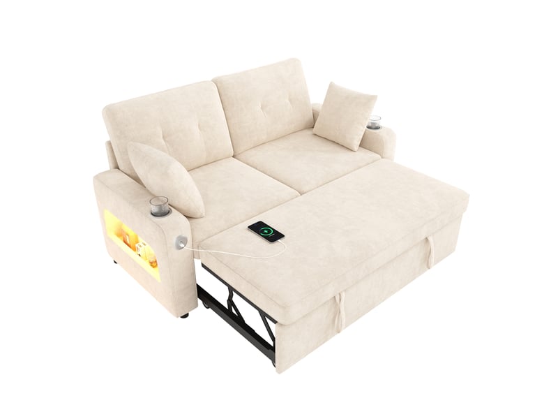  Canapé convertible 2 places modenvie beige en chenille avec led, ports usb et type-c, rangements, porte-gobelets et 2 coussins 141,5 x 131 x 83,5 cm  - Conforama A
