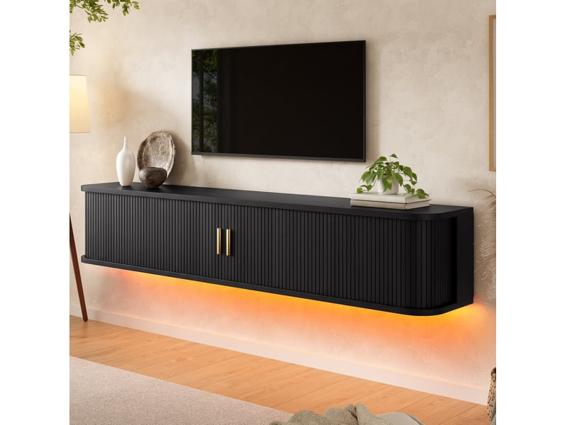  Meuble tv mural 175 cm en mdf noir avec portes coulissantes et éclairage led  - Conforama C