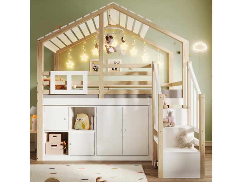  Lit mezzanine enfant 90x200 cm avec rangements et escalier blanc et naturel  - Conforama E