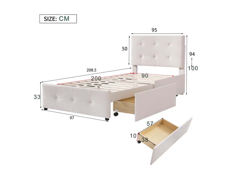  Lit simple 90 x 200 cm avec tête de lit et deux tiroirs ,hauteur de la tête de lit réglable ,beige  - Conforama C