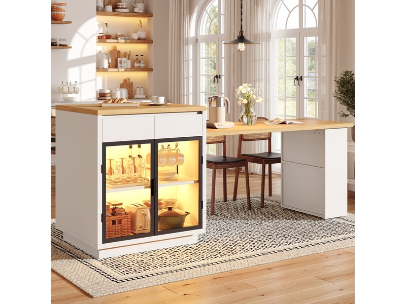 Îlot de cuisine extensible avec 2 tiroirs, portes vitrées et éclairage à led pour cuisine et salle à manger en mdf blanc - Conforama E