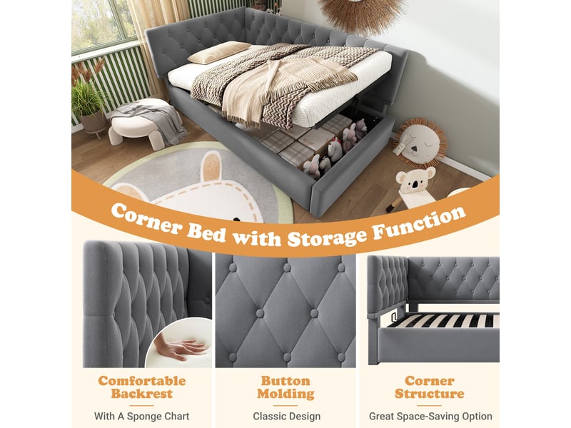  Lit enfant 90x190 cm - lit coffre avec rangement hydraulique - tête de lit réversible - velours - gris  - Conforama D