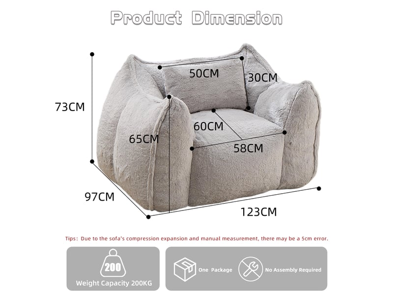  Fauteuil poire 123x97x73 cm avec coussin, dossier ergonomique, fausse fourrure grise  - Conforama E