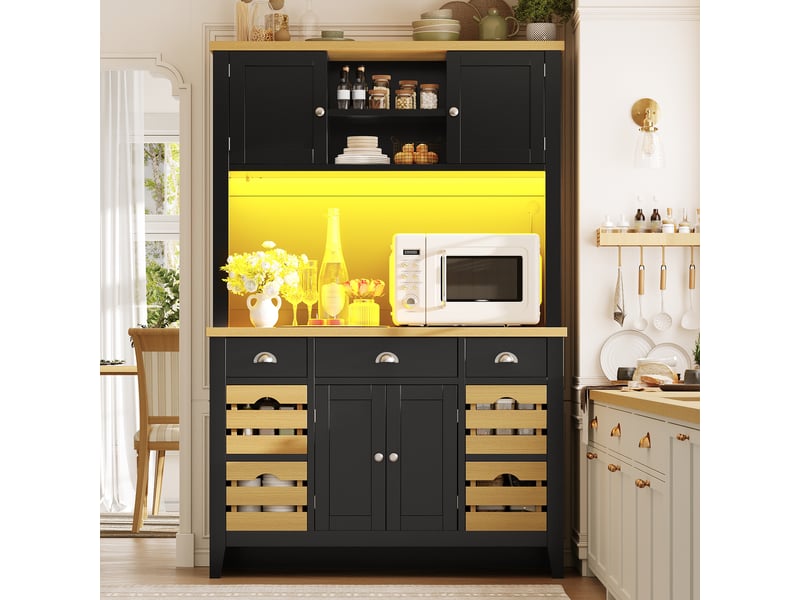  Armoire colonne led rgb 120x40x188 cm avec portes soft close, étagères réglables, paniers amovibles, plateau effet bois, anti-basculement, noir  - Conforama C