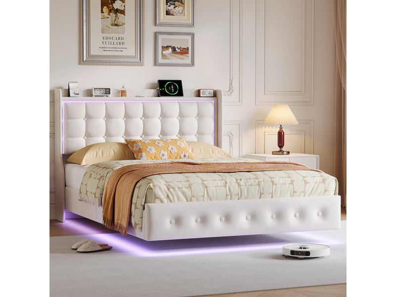  Lit double 160x200cm, tête de lit capitonnée avec port de chargement, effet flottant, velours, blanc  - Conforama B