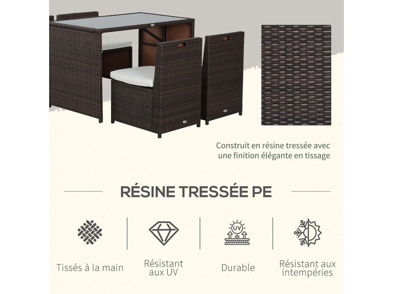  Outsunny ensemble salon de jardin encastrable 4 chaises monoblocs avec coussins déhoussables et table résine tressée  - Conforama E