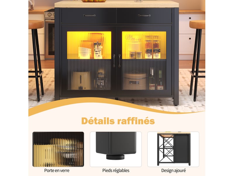  Îlot de cuisine 100x40-80x90 cm 2 tiroirs, porte vitrée, table de bar led, pieds réglables, pour cuisine, en mdf, noir  - Conforama E