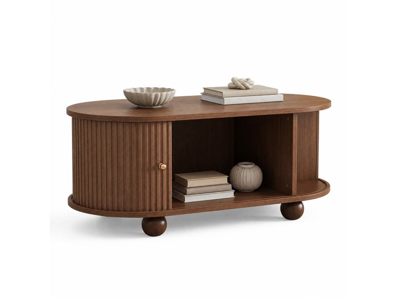  Table basse ovale 100x50x40 cm en mdf coloris noyer avec rangement coulissant  - Conforama A