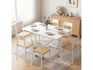 Table à manger pliante sur roulettes pour 4-6 personnes 120 cm, roues avec freins, 2 abattants, style industriel, blanc