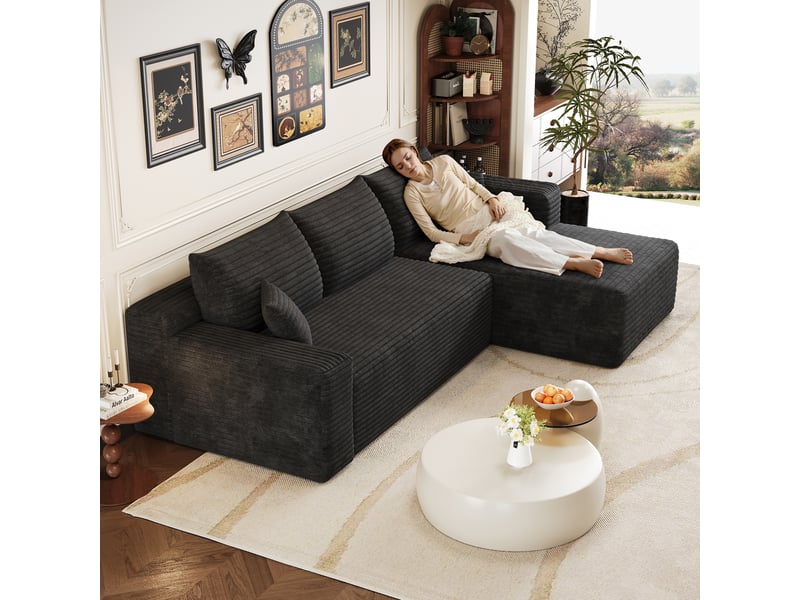 Canapé d’angle noir 3 places en velours côtelé, canapé avec méridienne de 241 cm pour salon, assise profonde et confortable - Conforama C