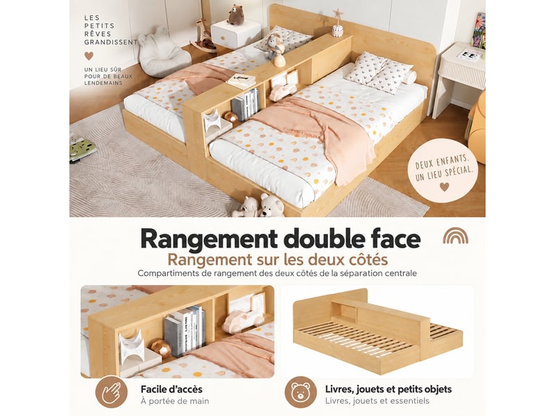  Lit double enfant avec 2 couchages 90 x 200 cm, séparation centrale et rangements latéraux, structure en bois naturel  - Conforama E
