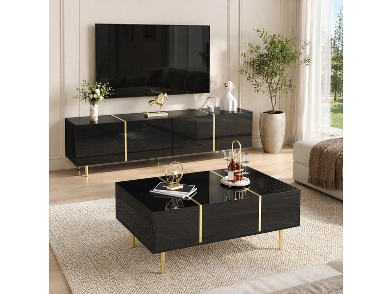  Ensemble meuble tv 170x35x46 cm et table basse 100x60x41,5 cm, 4 portes, 2 tiroirs, mdf, noir brillant  - Conforama B