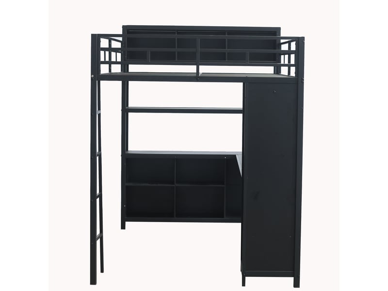  Lit mezzanine 140x200 en fer noir avec bureau, rangements et armoire  - Conforama A