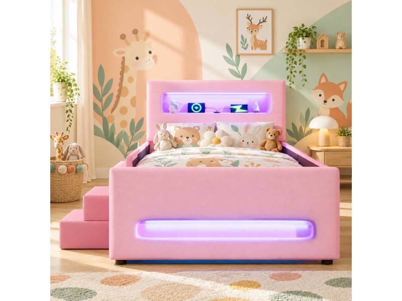 Lit enfant rembourré 90 x 200 cm, escalier, tiroir de rangement, led avec application, usb, poches latérales, pu, rose - Conforama E