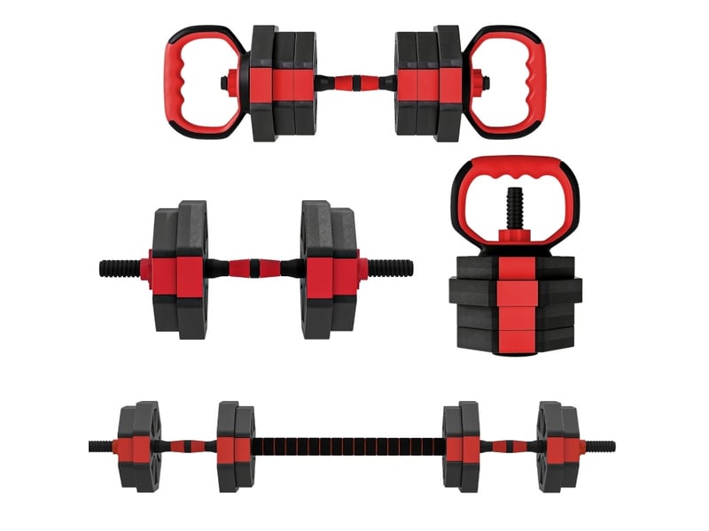 Haltères réglables 15 kg 100x18x18 cm – rouge – set 4-en-1 barre longue, kettlebell et poignées de pompe - Conforama A