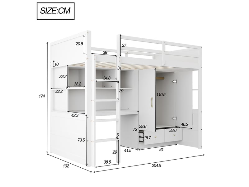  Lit mezzanine 90x200 cm avec échelle, bureau, armoire et tiroirs, bois, blanc sans matelas  - Conforama E