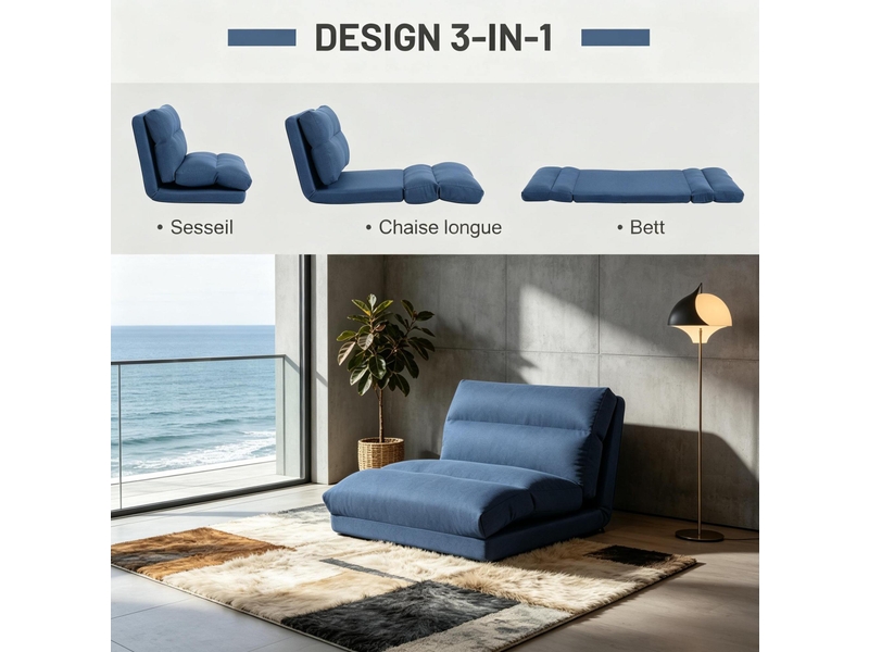  Fauteuil de sol relax convertible bleu foncé, dossier réglable 5 positions, couchage 203 cm  - Conforama D
