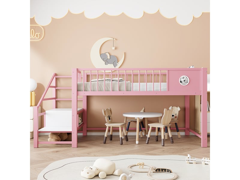 Lit mezzanine bas 90 x 200 cm, avec échelle de rangement, structure métallique robuste, pour enfants et adolescents, rose - Conforama C