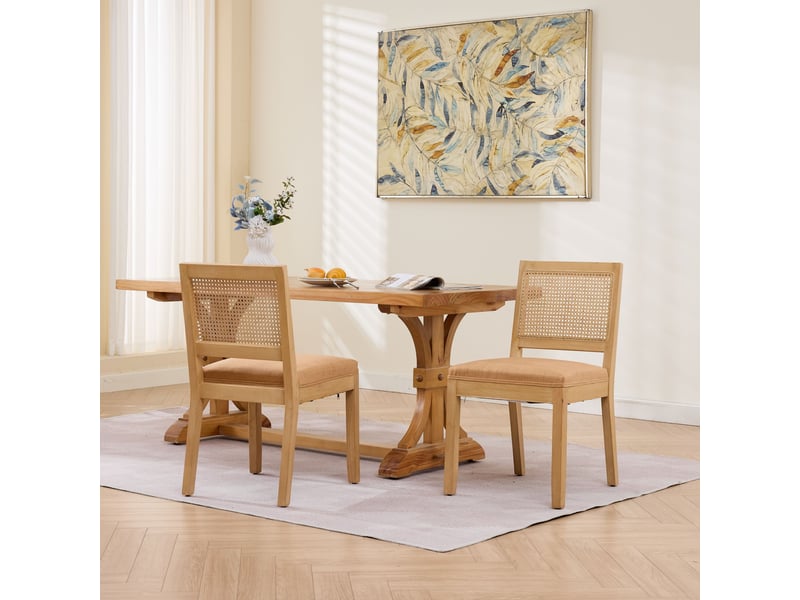  Lot de 2 chaises de salle à manger style rustique, dossier en cannage effet rotin, assise en lin à ressorts en s, cadre en bois massif, brun clair  - Conforama E