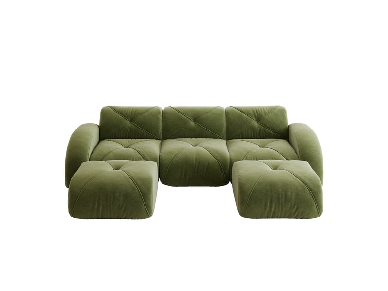  Canapé modulable 3 places en u, revêtement chenille vert, design sans dossier, inclut 2 poufs, idéal salon  - Conforama A